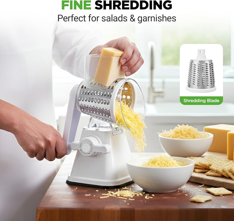 NutriChef 3 in 1 Cheese Grater & Shredder | Strong Suction Base, Rotary Handle with Safety Lock | Includes Hand Crank & 3 Drum Blades for 3 Textures, Fine, Medium & Strips | White - Image 4